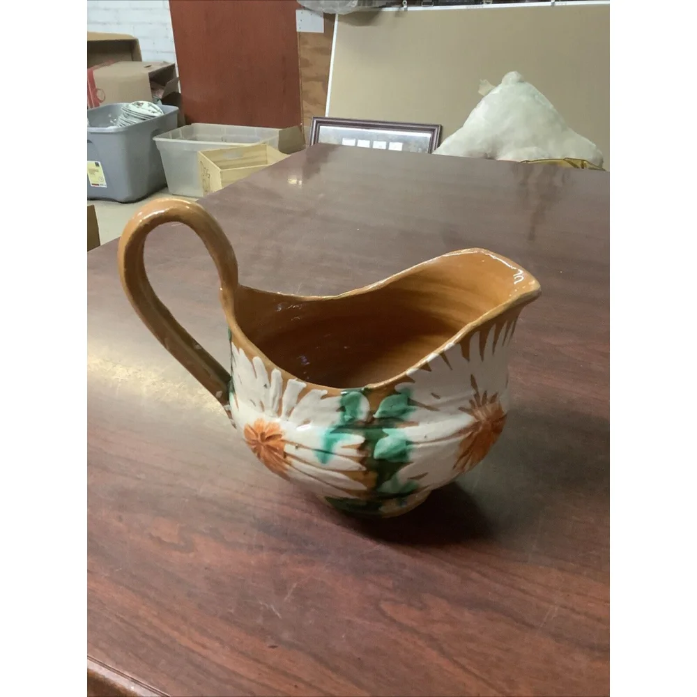 VTG Mexico Signed Pottery Creamer Milk Pitcher Flowers Hand Painted 5.5”x6.5”